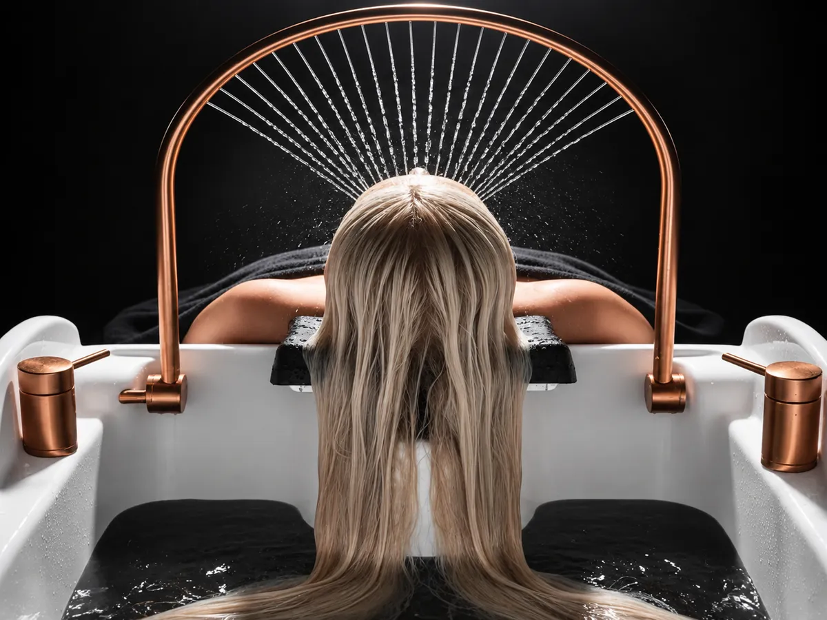 A water halo rinsing the hair of a reclining head spa guest